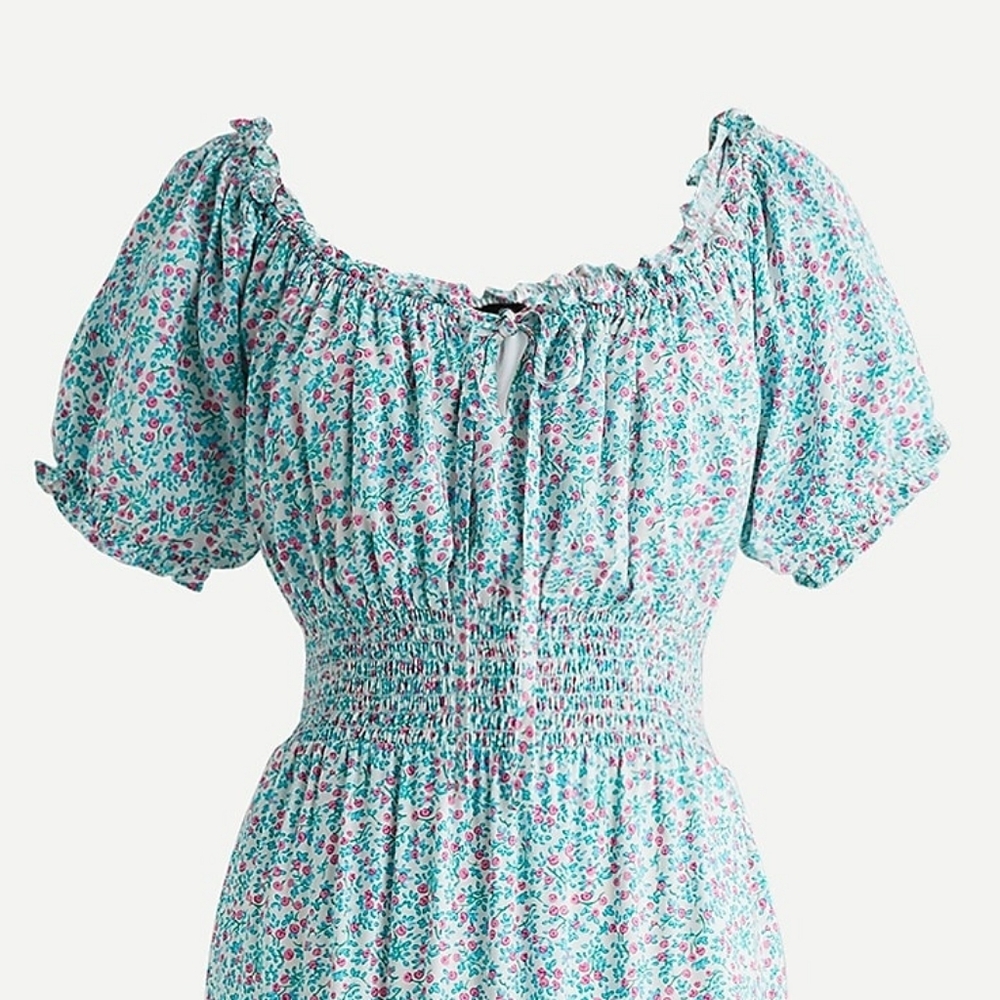NWT J.Crew Puff-sleeve Midi in Ivory Larkspur Pink Smocked Tiered Dress 6 - Picture 3 of 8
